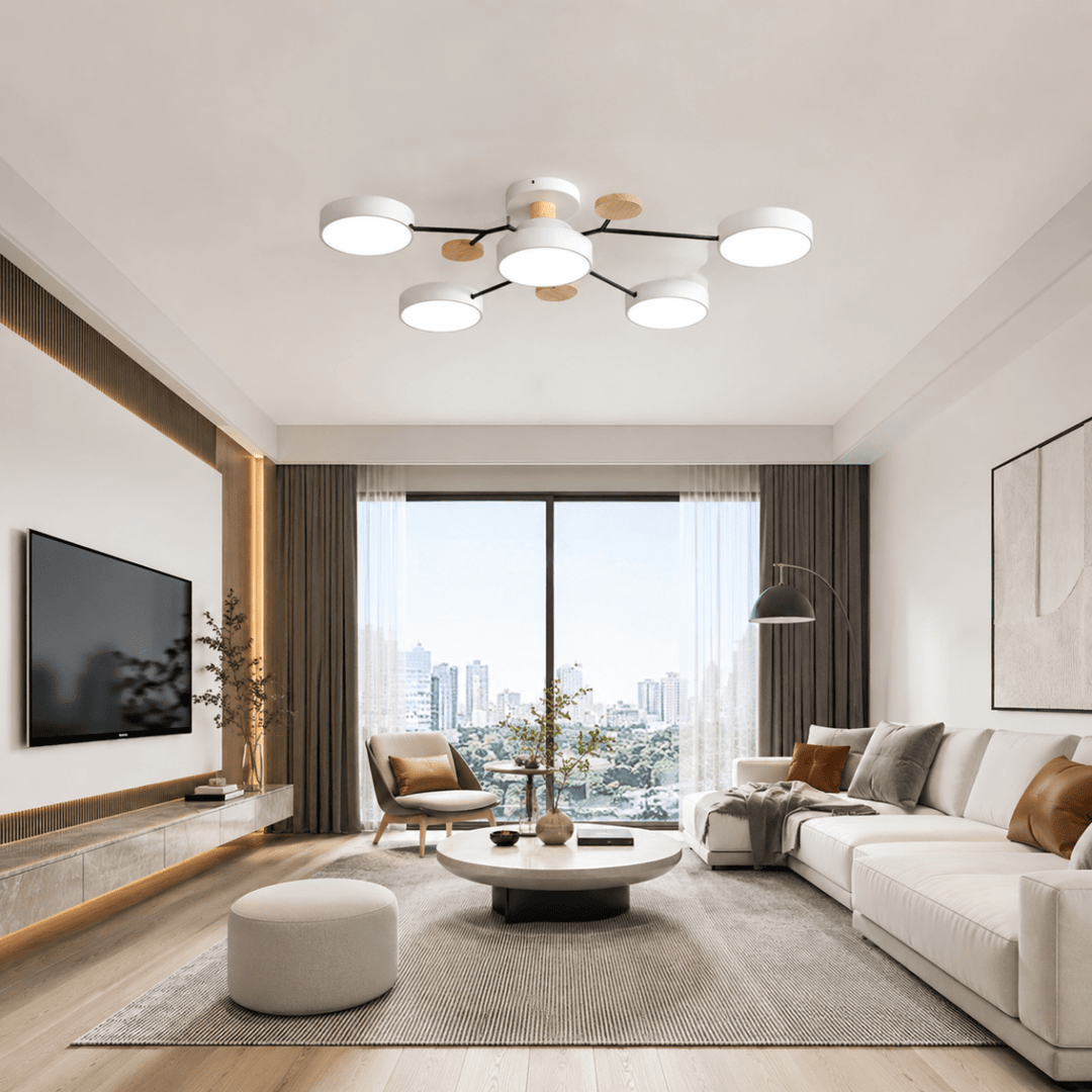 Round LED Ceiling Light | Modern Iron &amp; Wood Fixture | 4, 5 or 6 Heads | 48W, 60W or 72W