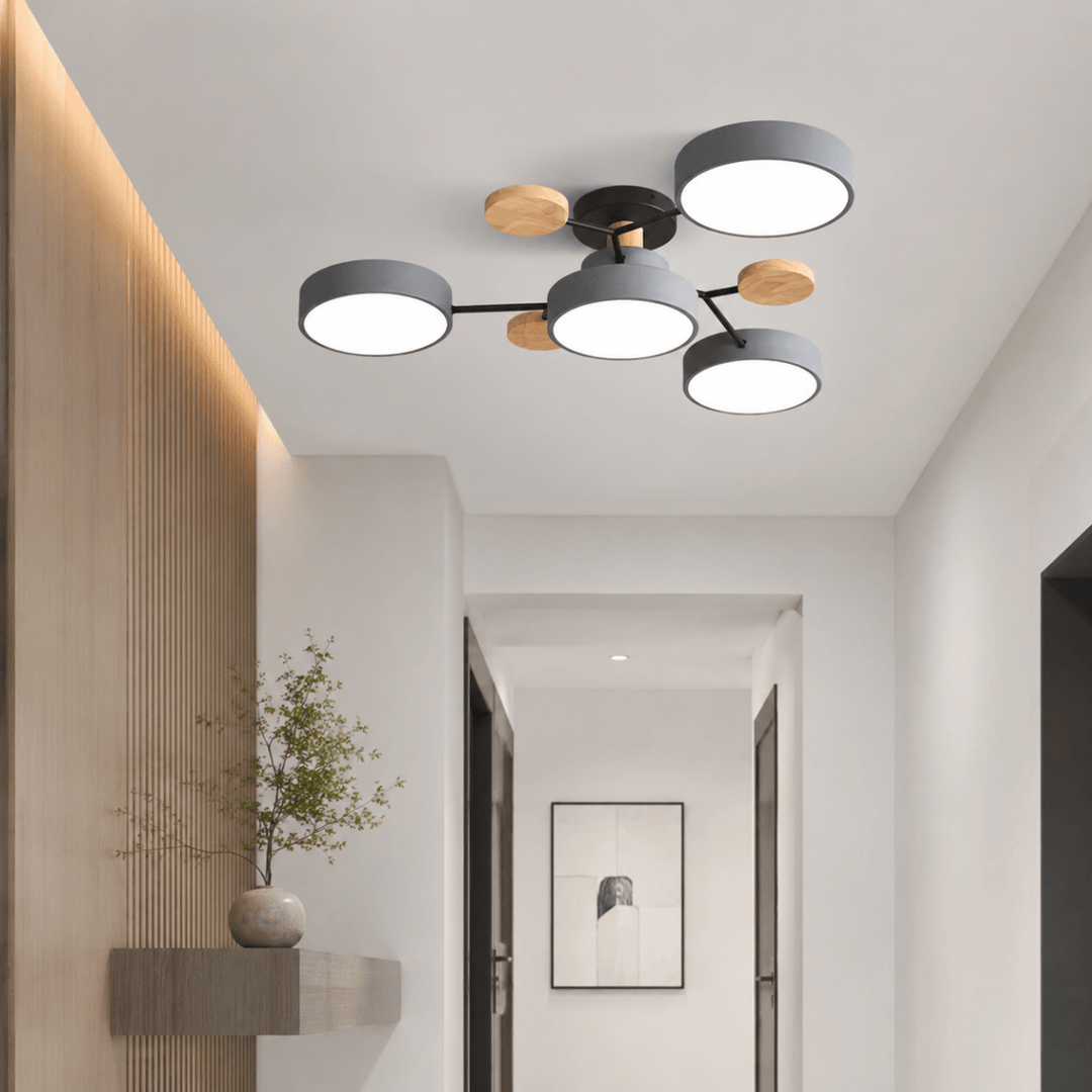Round LED Ceiling Light | Modern Iron &amp; Wood Fixture | 4, 5 or 6 Heads | 48W, 60W or 72W