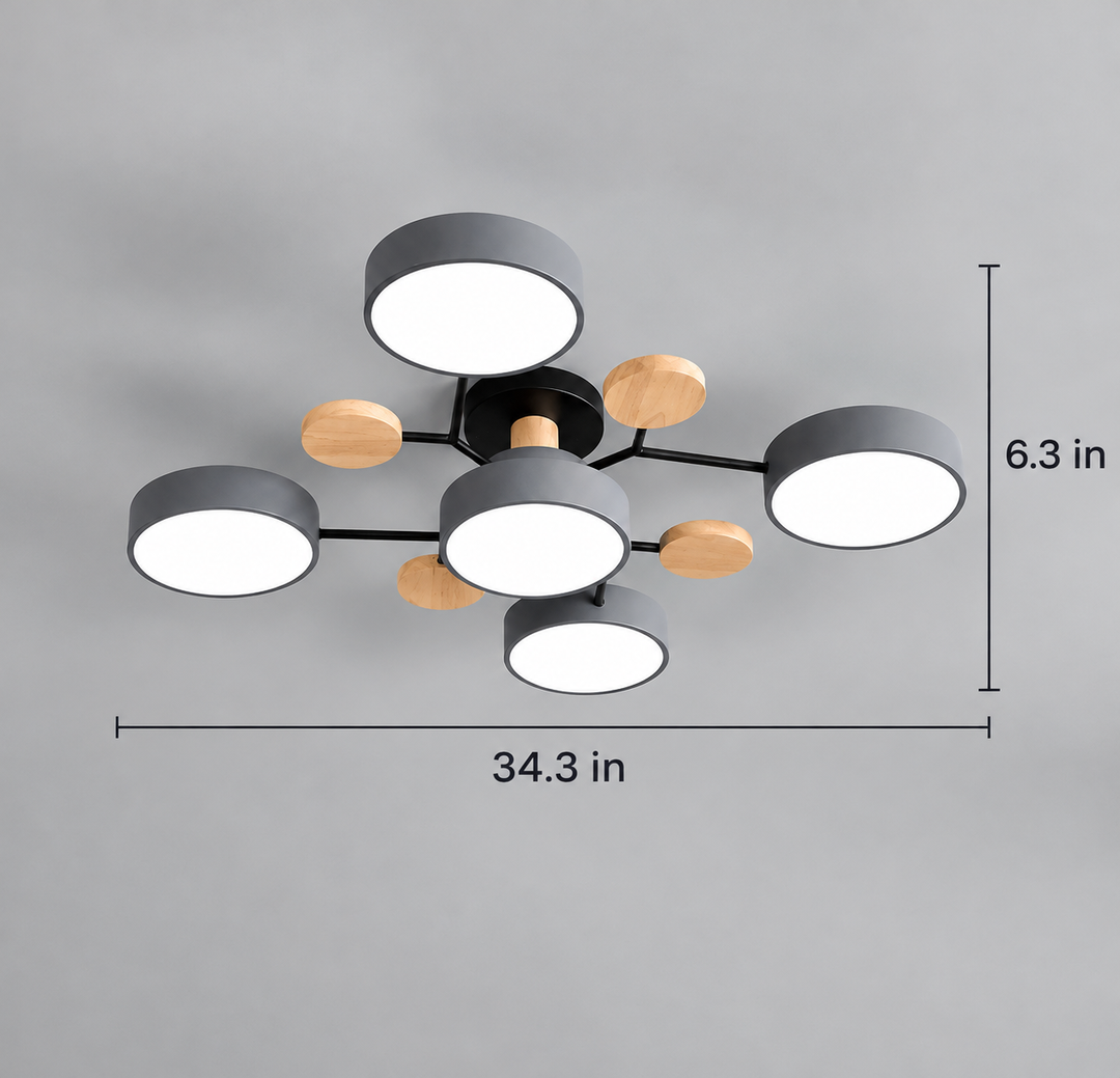 Round LED Ceiling Light | Modern Iron &amp; Wood Fixture | 4, 5 or 6 Heads | 48W, 60W or 72W