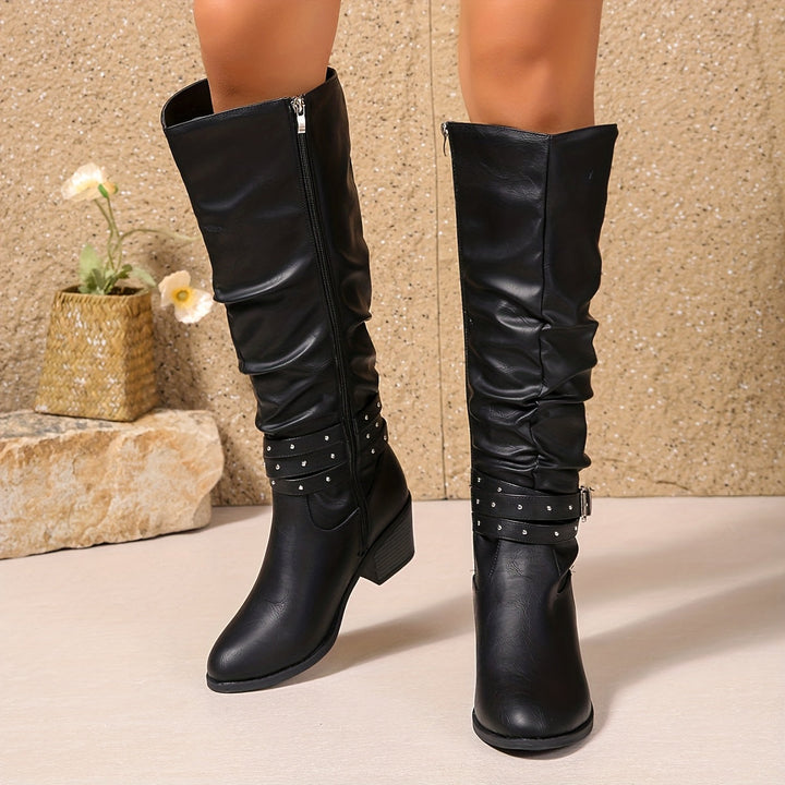 Ruby - Women’s knee high boots with block heel and studded buckle strap