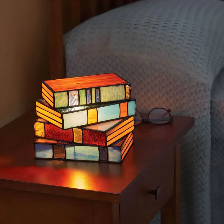 Stained Glass Book Lamp | Colorful Stacked Book Design | Warm Ambient Table Lighting | Literary Home Decor