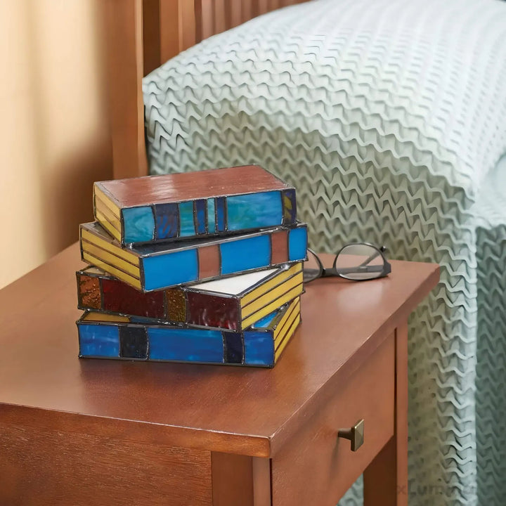 Stained Glass Book Lamp | Colorful Stacked Book Design | Warm Ambient Table Lighting | Literary Home Decor