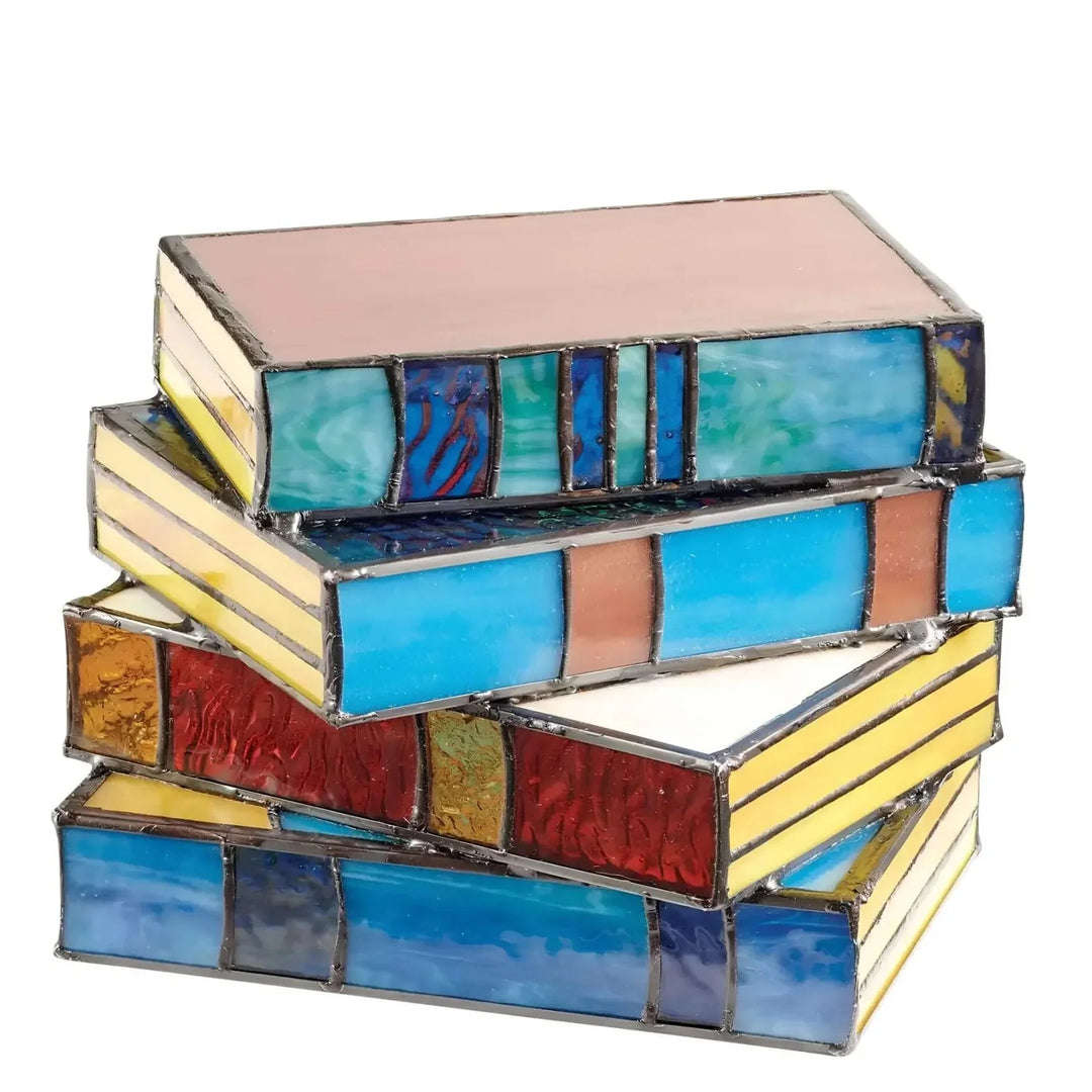 Stained Glass Book Lamp | Colorful Stacked Book Design | Warm Ambient Table Lighting | Literary Home Decor