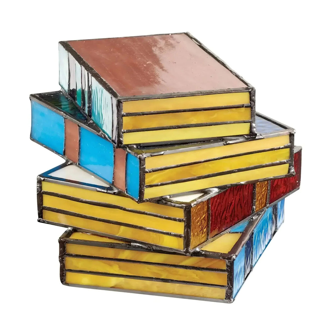 Stained Glass Book Lamp | Colorful Stacked Book Design | Warm Ambient Table Lighting | Literary Home Decor