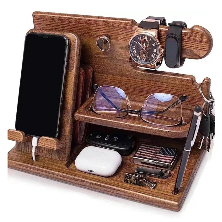 Wooden Docking Station Organizer | Phone Stand &amp; Everyday Essentials Holder | Compact Desktop Storage
