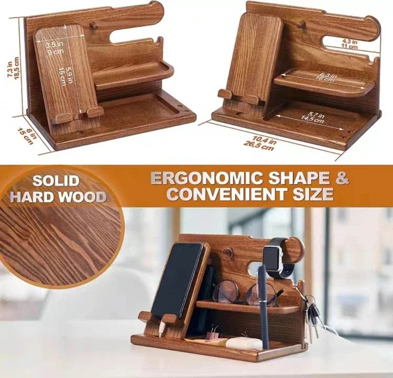 Wooden Docking Station Organizer | Phone Stand &amp; Everyday Essentials Holder | Compact Desktop Storage