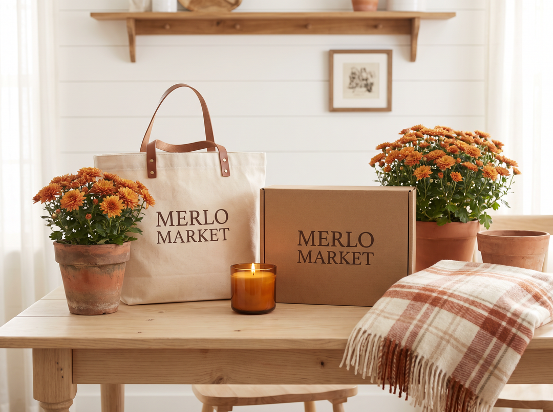 Merlo Market tote and box on an autumn table