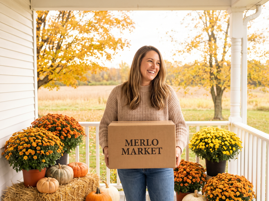 Woman on an autumn porch with a Merlo Market box
