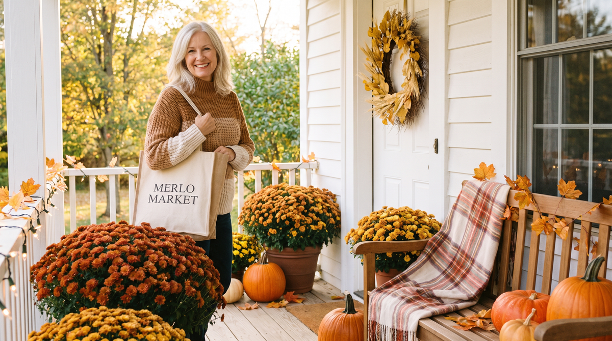 Woman on an autumn porch with a Merlo Market tote