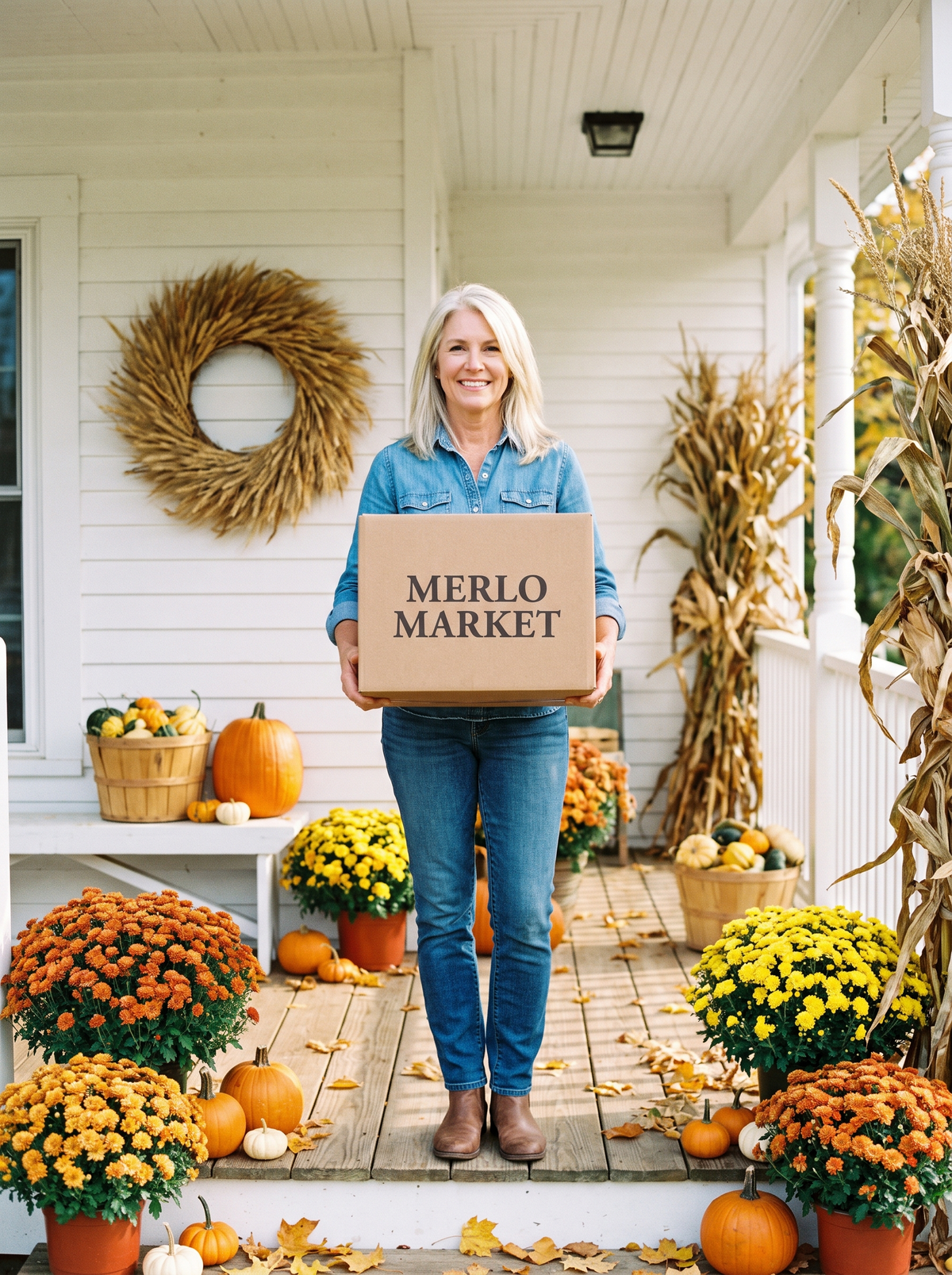Woman on an autumn porch with a Merlo Market bag