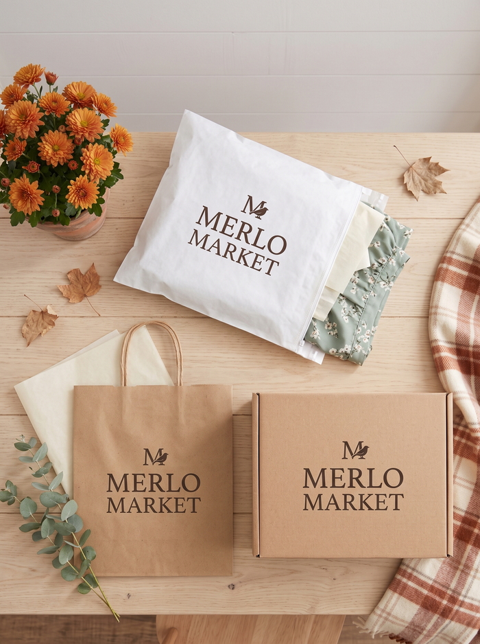 The Merlo Market packaging set: box, bag and mailer