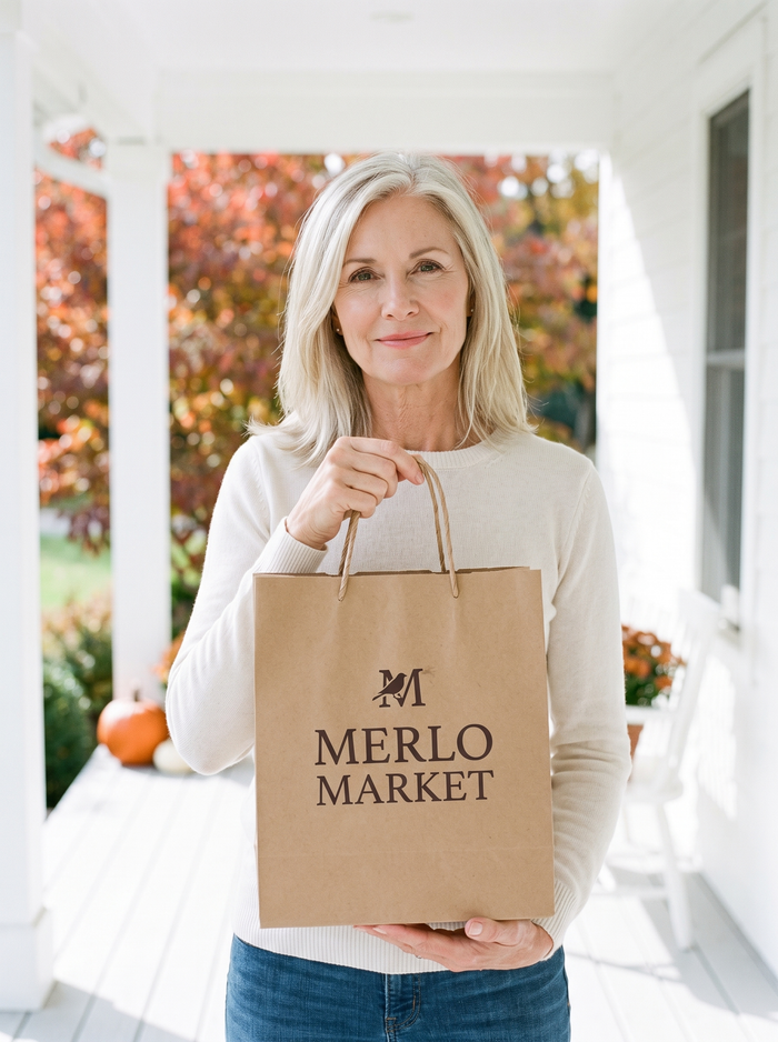 Woman on a porch with a Merlo Market shopping bag