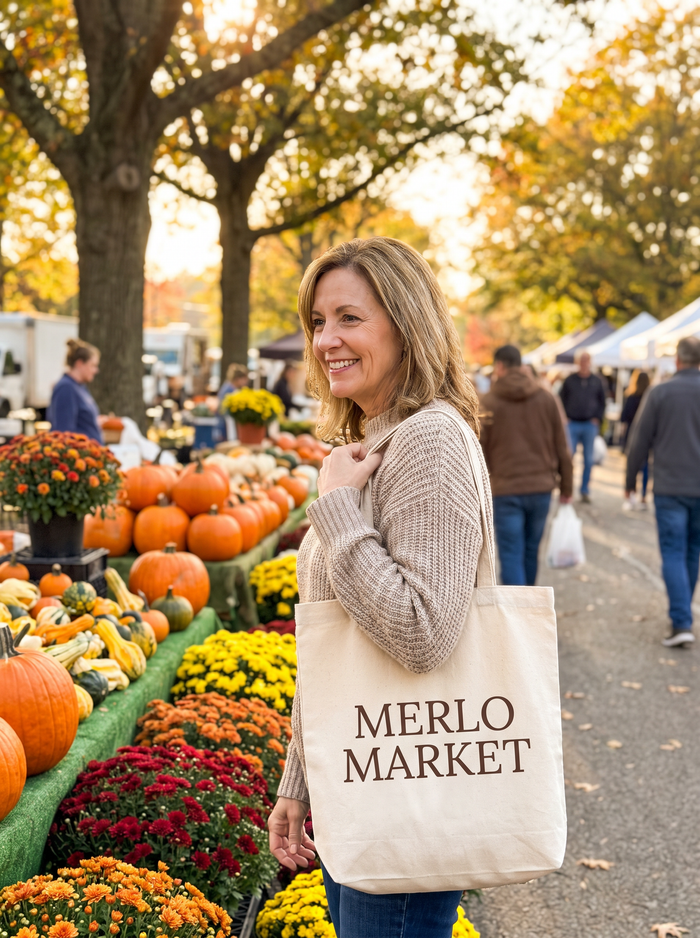 Merlo Market tote at the farmers market