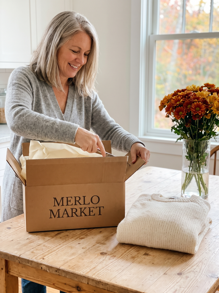 Woman unboxing a Merlo Market delivery
