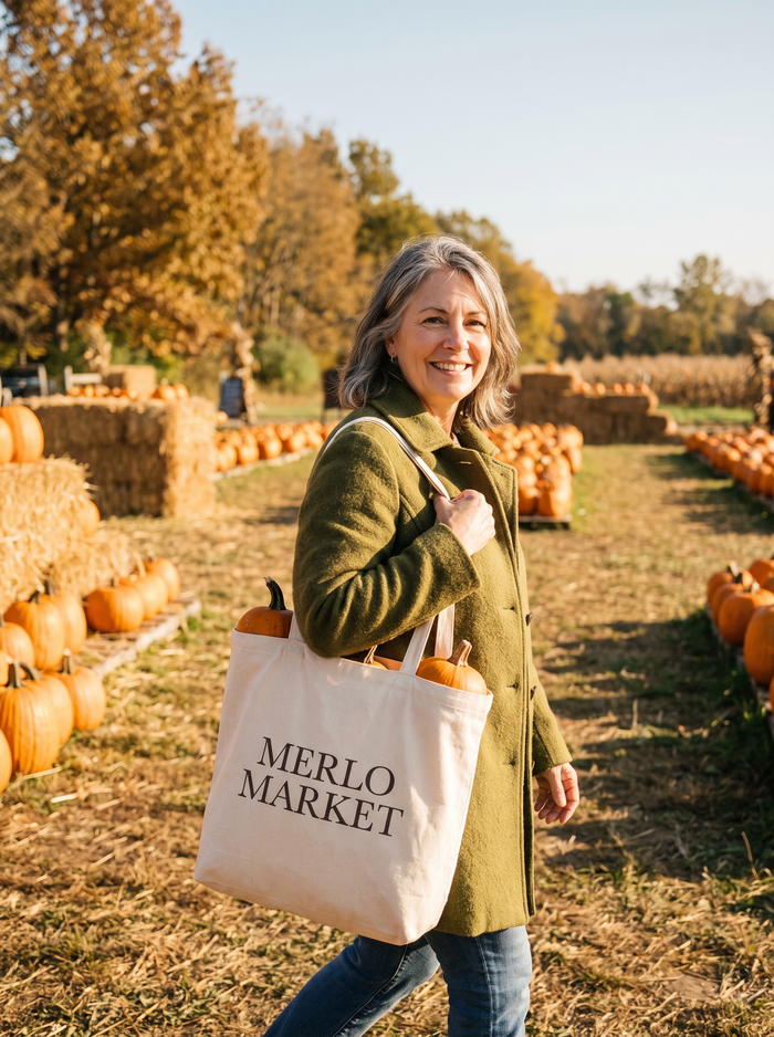 Carrying a Merlo Market tote of Halloween finds