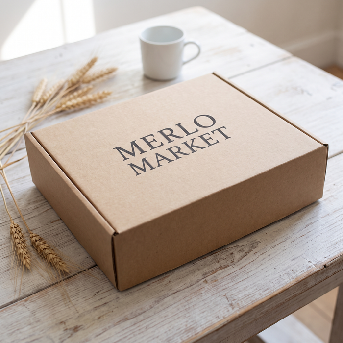 A Merlo Market kraft shipping box