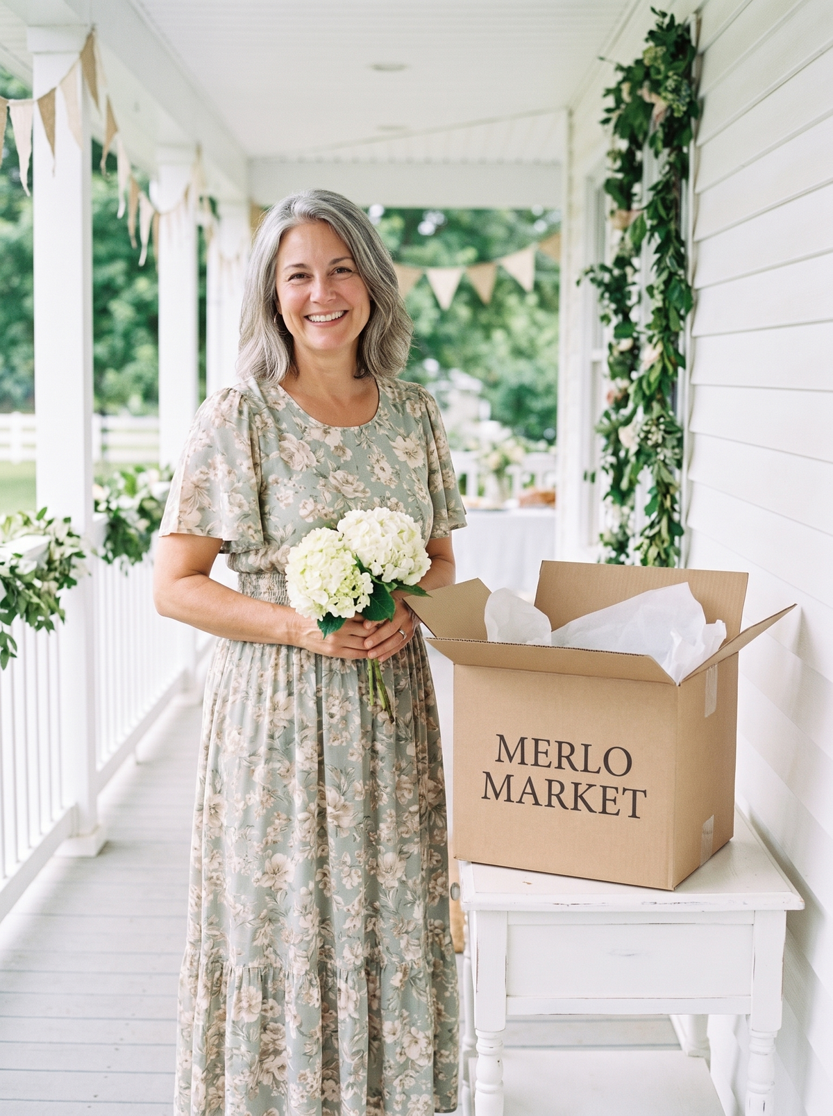 Guest in a floral dress on a decorated farmhouse porch with a Merlo Market box
