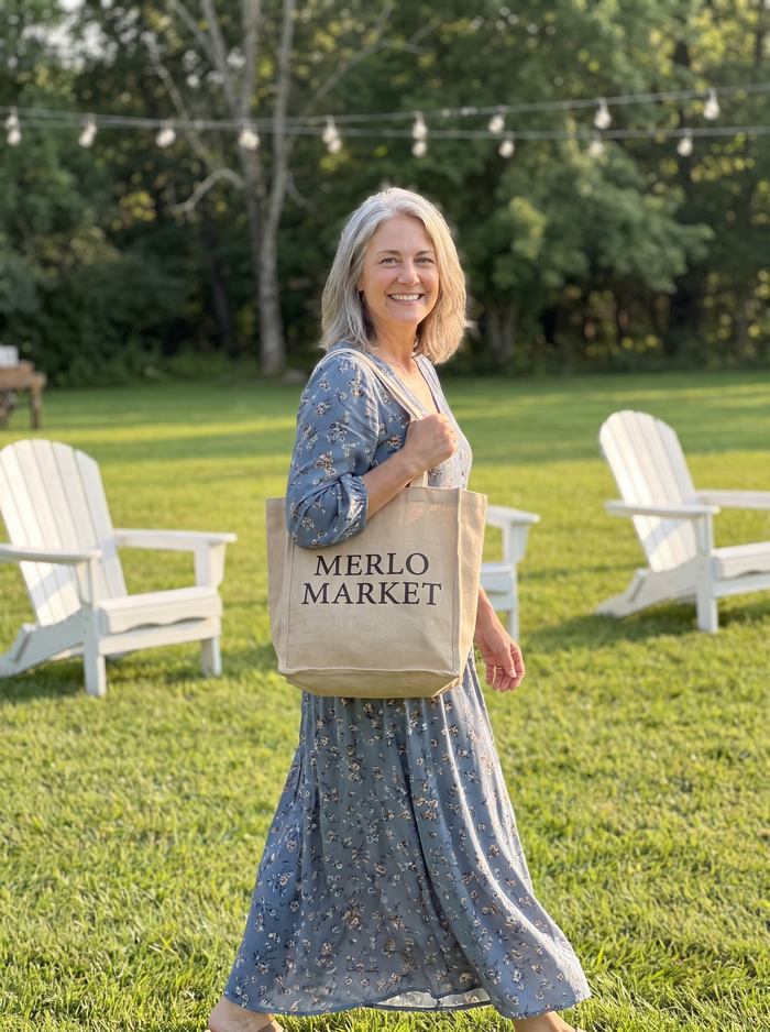 Guest in a floral maxi dress at an outdoor wedding with a Merlo Market tote