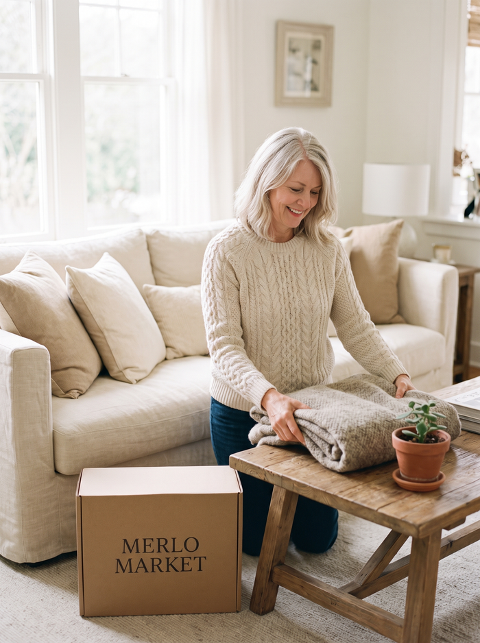Styling a knit throw and plant in a bright living room with a Merlo Market box