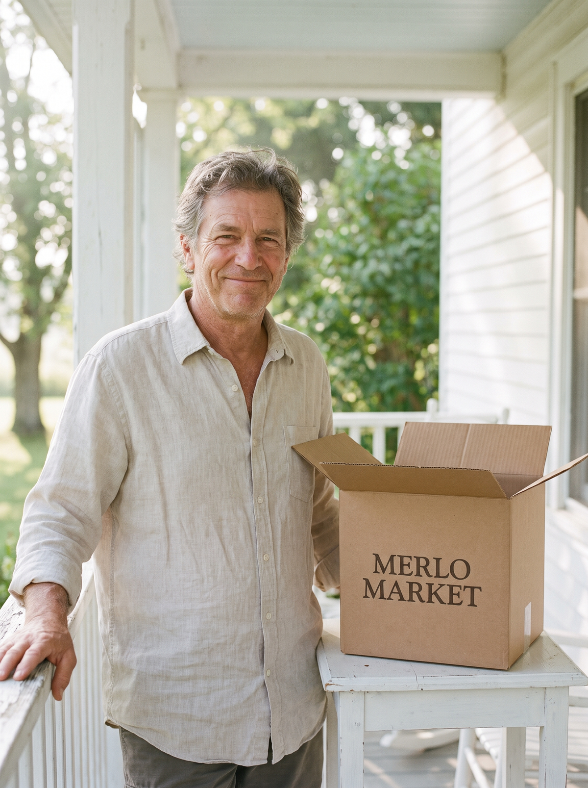 Man on a farmhouse porch with a Merlo Market box